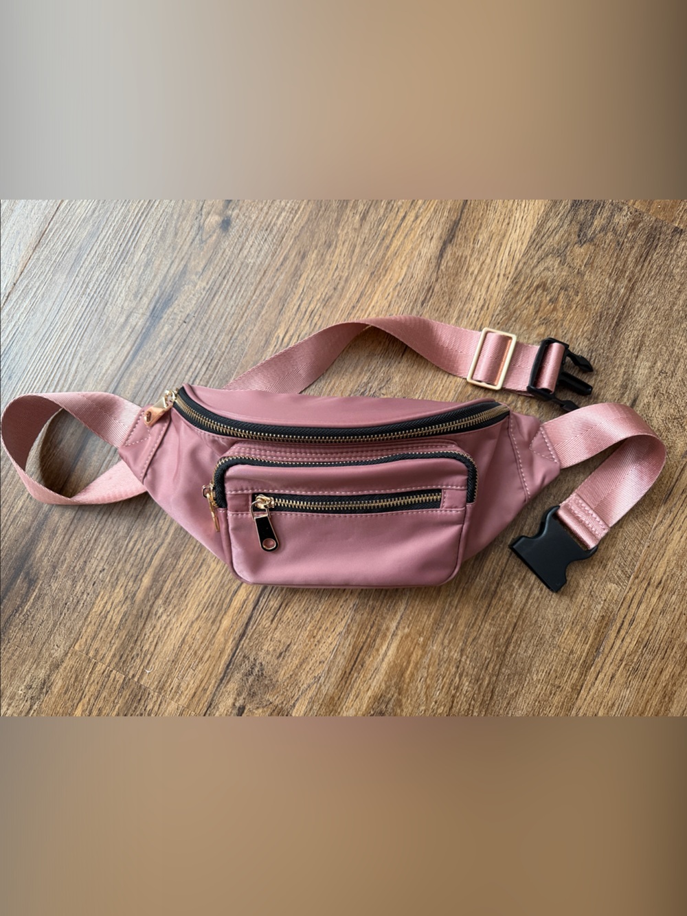 Mauve Pink Crossbody Fanny Pack with Gold Zippers
